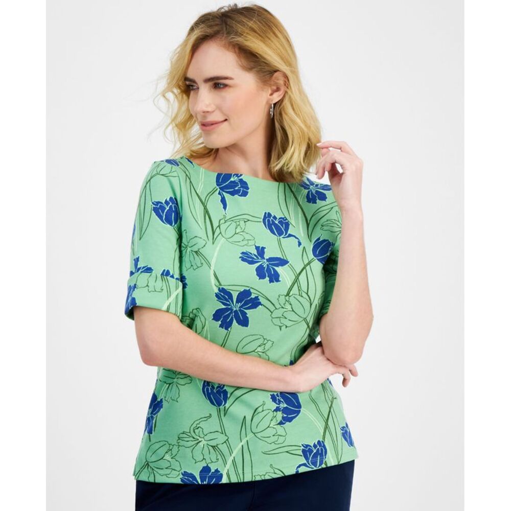 Style & Co. Petite Tulip Menagerie Elbow-Sleeve Knit Top